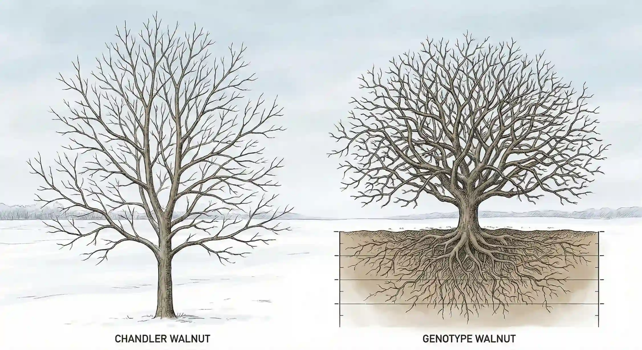 مقایسه ساختار درخت و ریشه گردو چندلر با گردو ژنوتیپ اصلاح شده.
