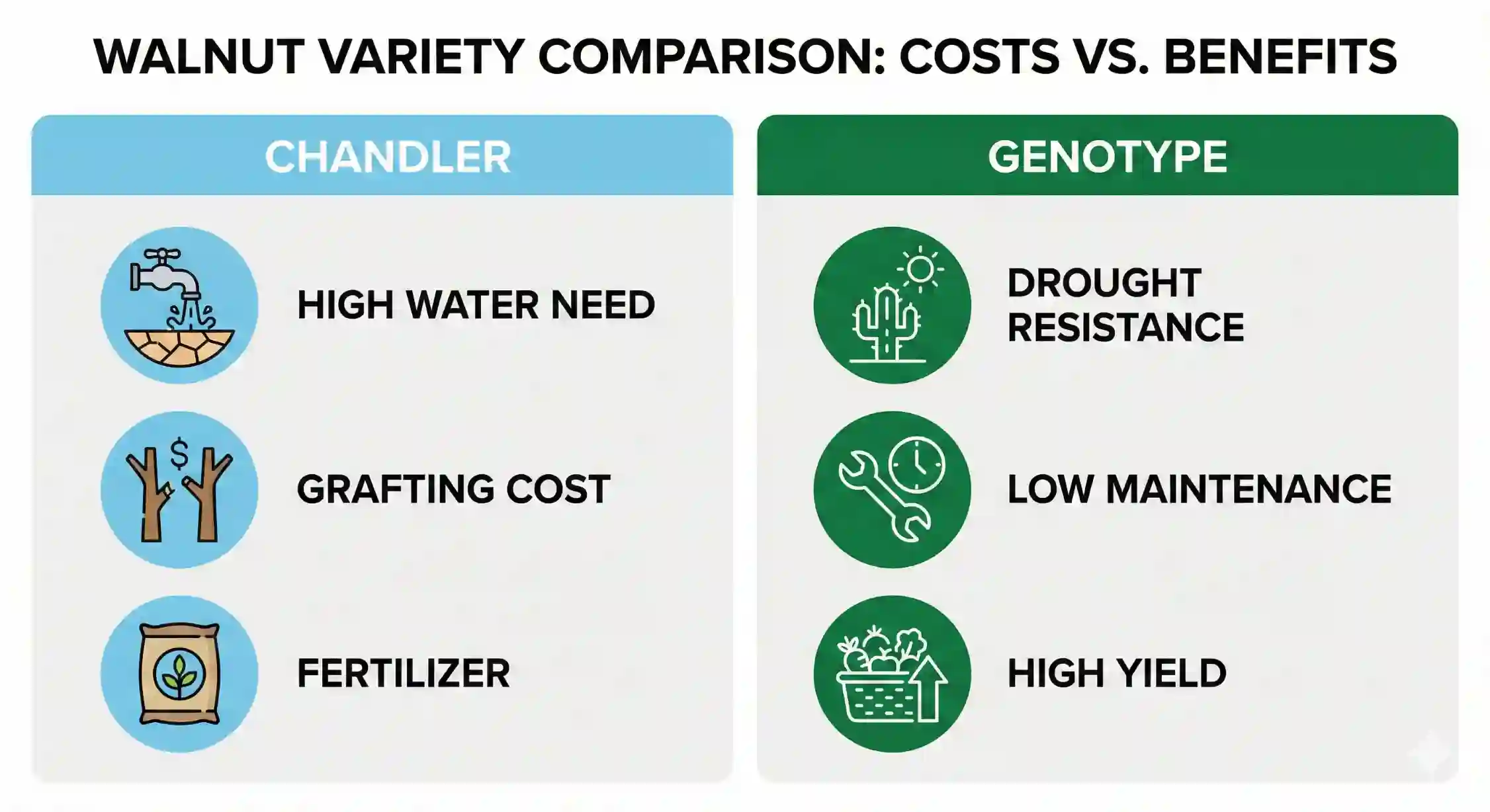 اینفوگرافیک مقایسه هزینه نگهداری باغ گردو چندلر و ژنوتیپ.